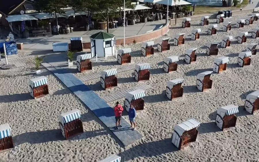 Luftaufnahme von Abschnitt C: großer Strandabschnitt mit befestigtem Strandweg, Promenade und Riesenrad im Hintergrund